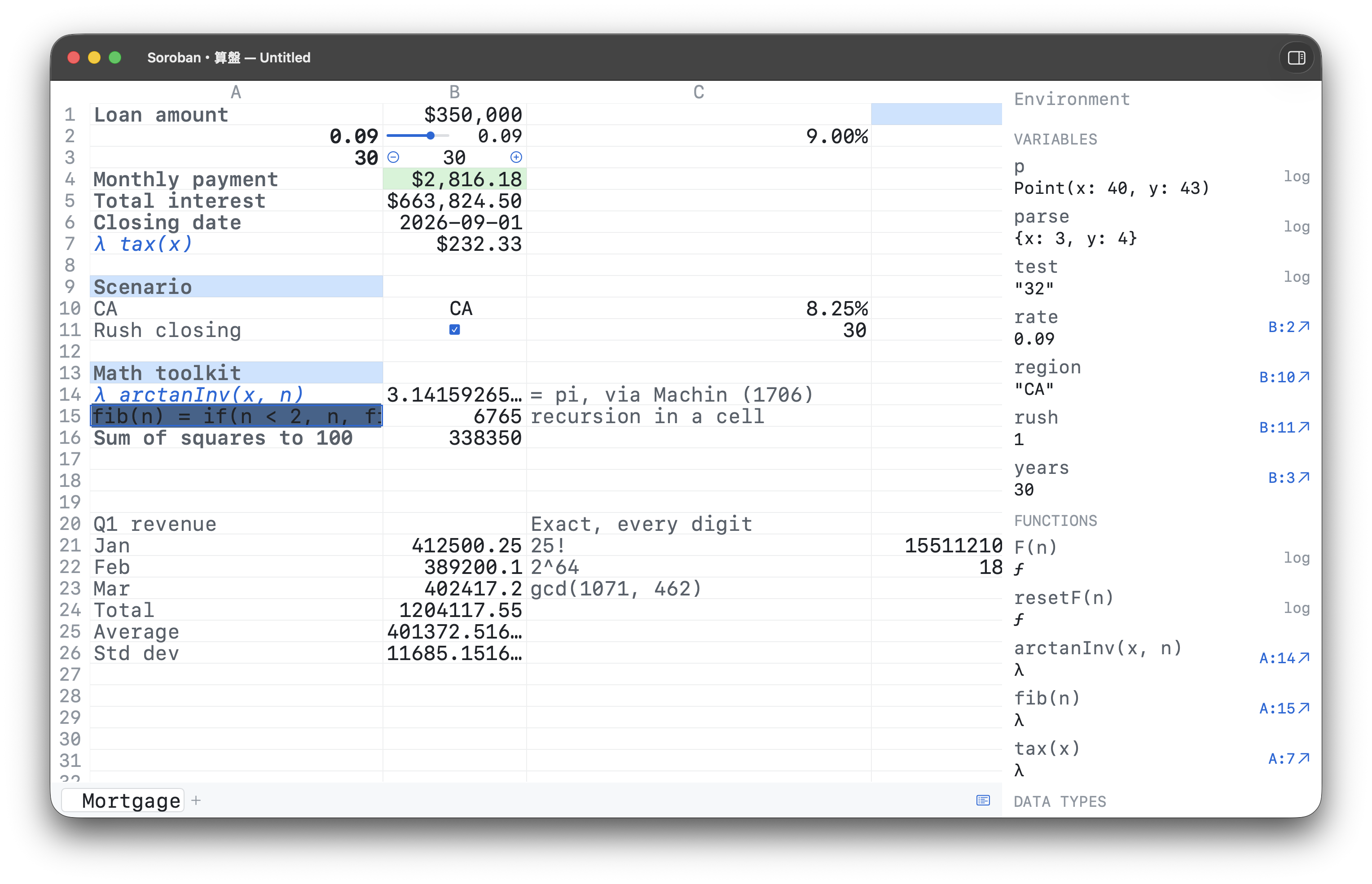 Soroban's spreadsheet grid with the environment inspector
