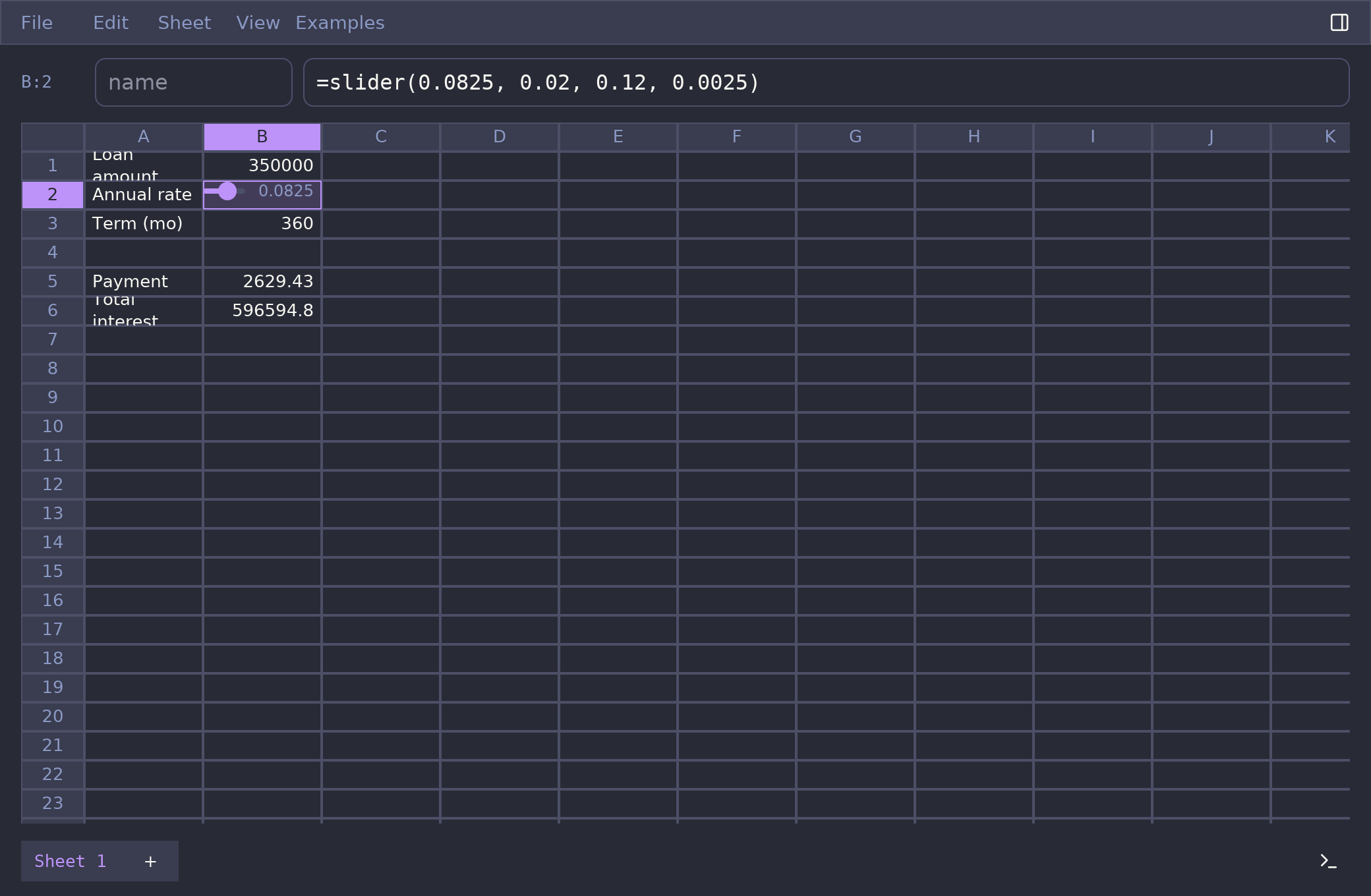 The cross-platform Rust app's grid: a mortgage model with a live slider control
