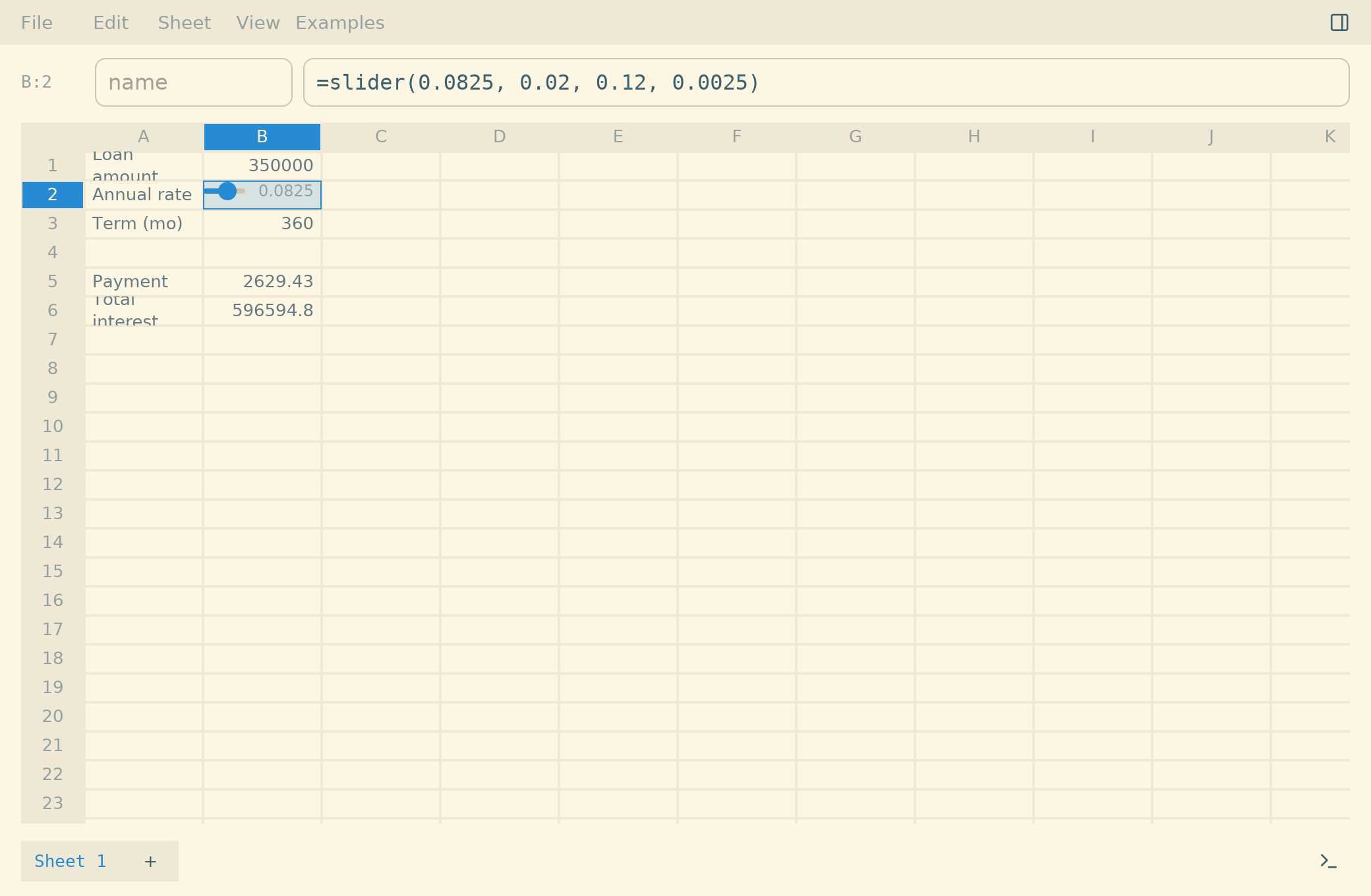 The cross-platform Rust app's grid: a mortgage model with a live slider control