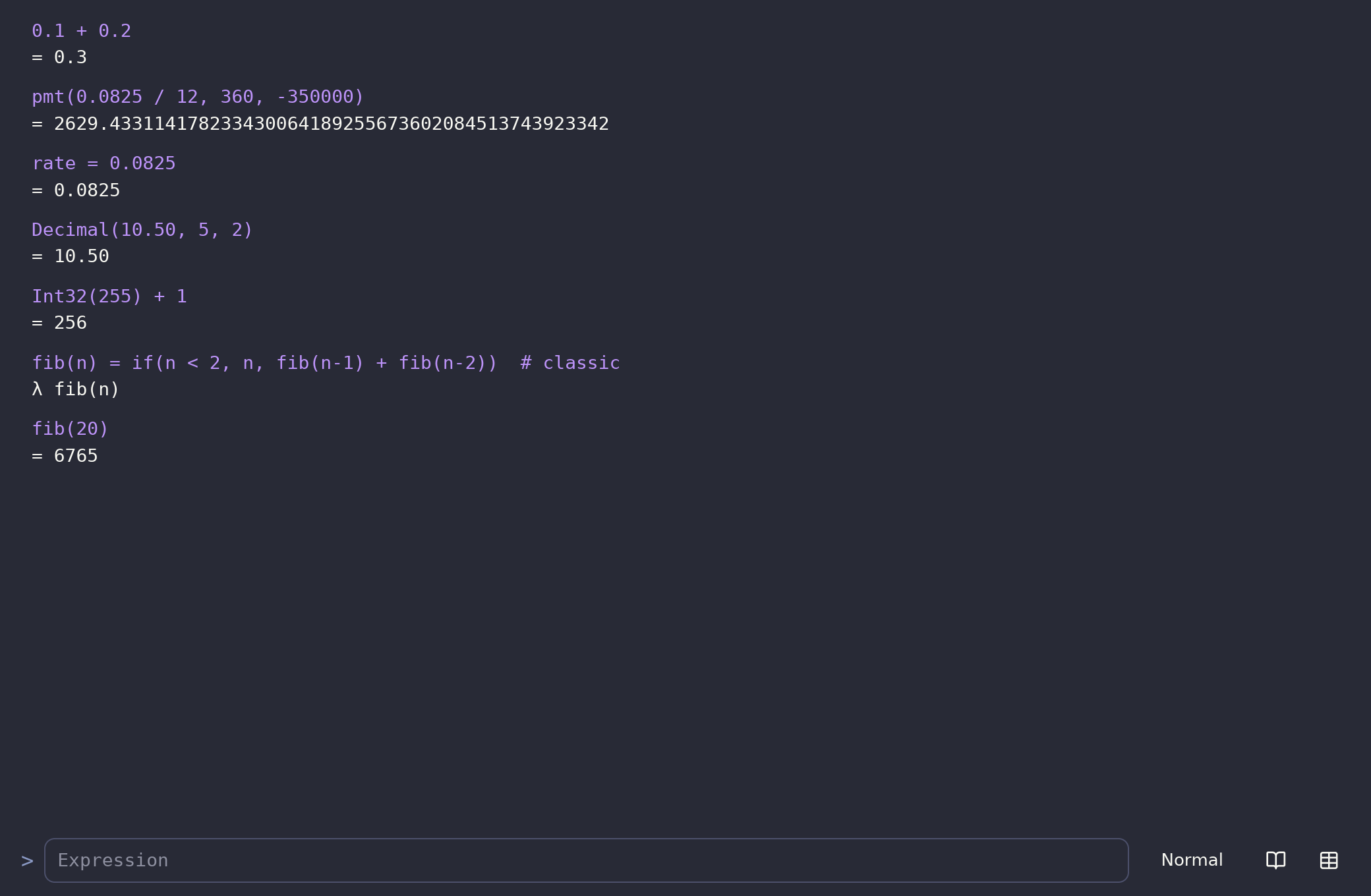 The cross-platform Rust app's calculation log with computed results