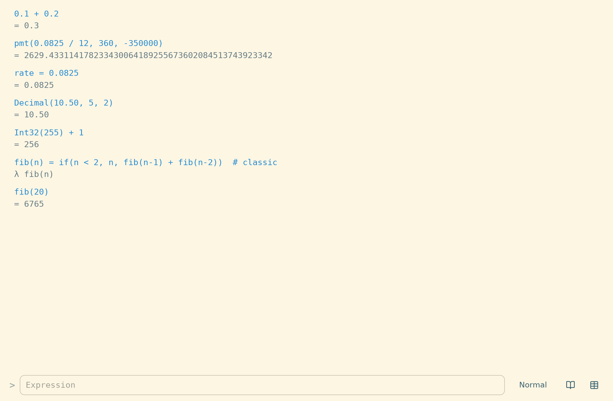 The cross-platform Rust app's calculation log with computed results